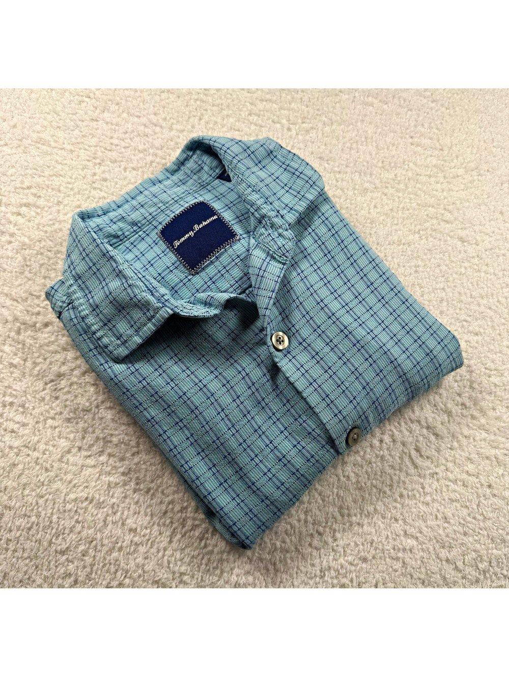 Tommy Bahama Men M 100% Silk Shirt Blue Textured Plaid Jacquard Short Sleeve
